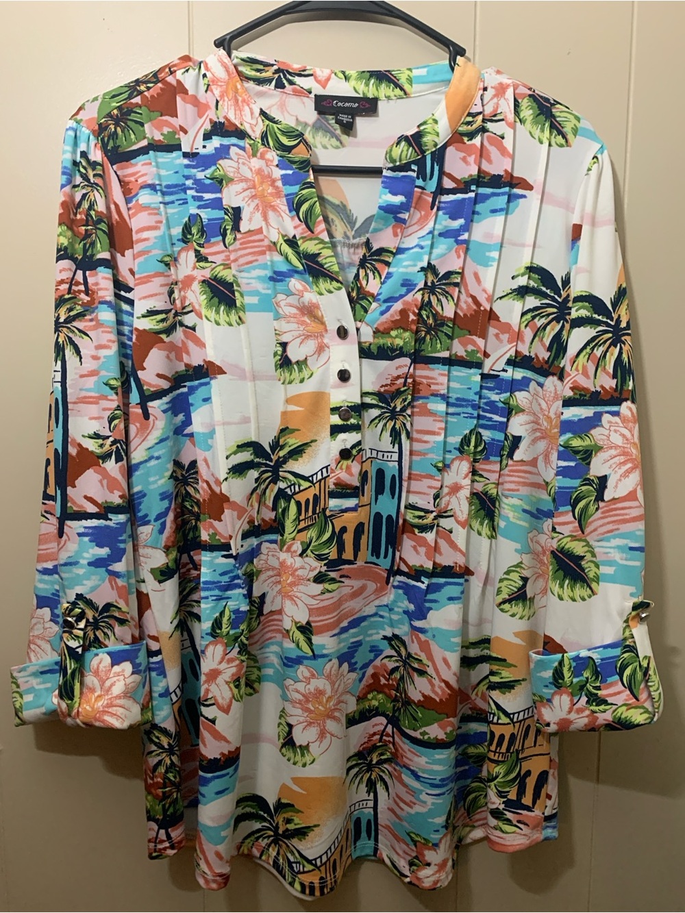 Women’s Cocomo Tropical Floral Button-Front Top - White, Green, Coral,  small
